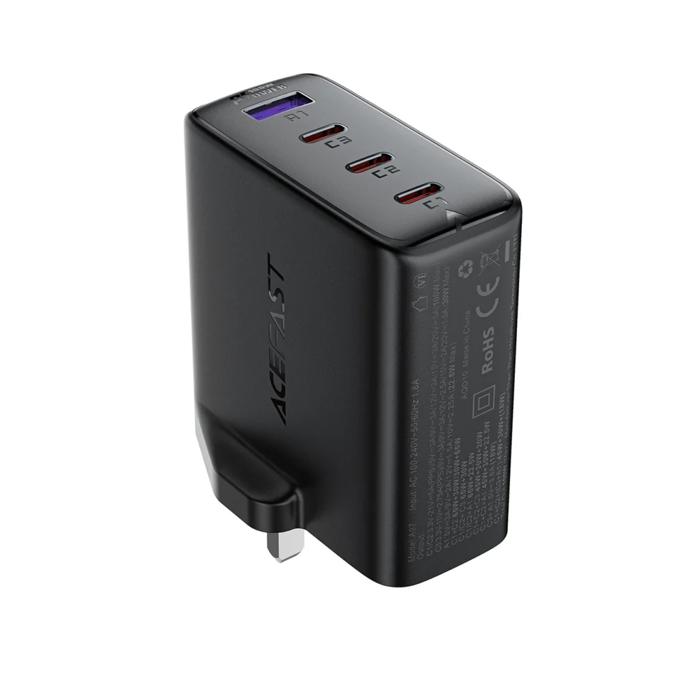 Acefast A97 PD100W GaN Wall Charger (3 x USB-C + USB-A) with UK Plug - Blackeng