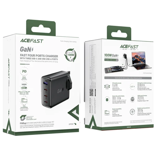 Acefast A97 PD100W GaN Wall Charger (3 x USB-C + USB-A) with UK Plug - Blackeng