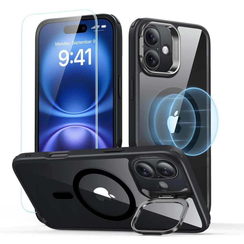 ESR Classic Hybrid Kickstand Halolock MagSafe Case Set + Tempered Glass for iPhone 16 - Blackeng