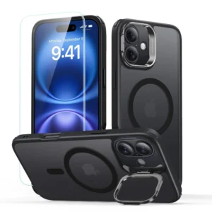 ESR Classic Hybrid Kickstand Halolock MagSafe Case Set + Tempered Glass for iPhone 16 - Blackeng