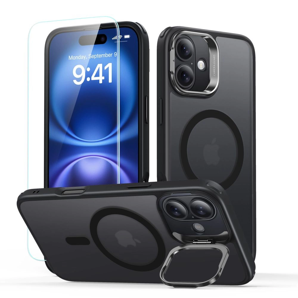 ESR Classic Hybrid Kickstand Halolock MagSafe Case Set + Tempered Glass for iPhone 16 - Blackeng