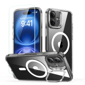 ESR Classic Hybrid Kickstand Halolock MagSafe Case Set + Tempered Glass for iPhone 16 PLUS - Cleareng