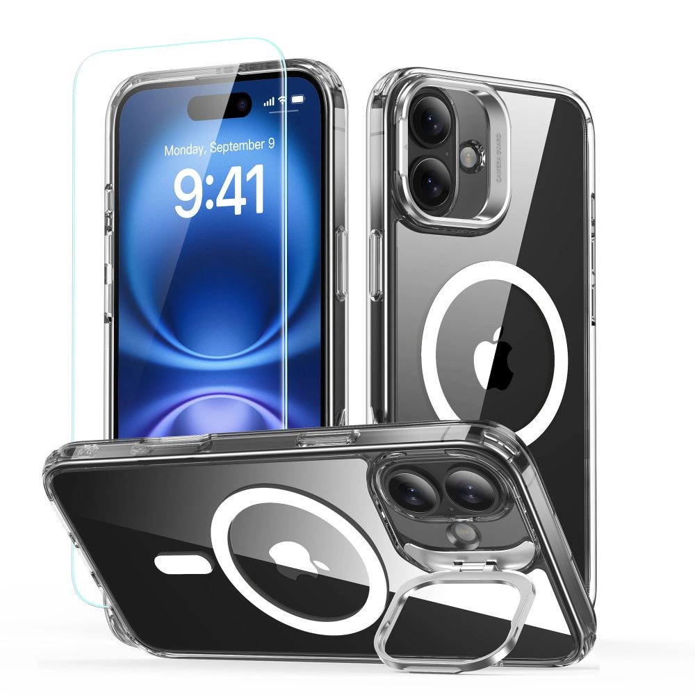 ESR Classic Hybrid Kickstand Halolock MagSafe Case Set + Tempered Glass for iPhone 16 PLUS - Cleareng