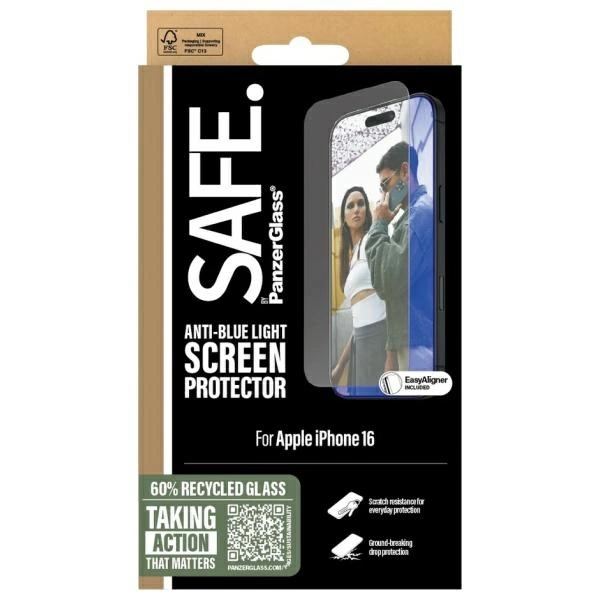 Tempered glass SAFE by PanzerGlass Screen Protection Anti-blue Light for iPhone 16 / 15 - transparenteng