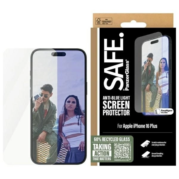 SAFE by PanzerGlass Screen Protection Anti-blue Light tempered glass for iPhone 16 Plus / 15 Plus - transparenteng