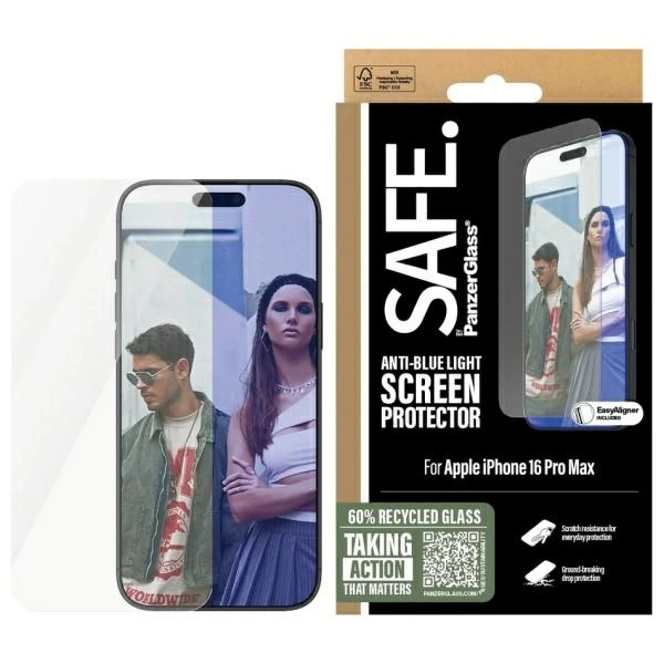 SAFE by PanzerGlass Screen Protection Anti-blue Light Tempered Glass for iPhone 16 Pro Max - Cleareng