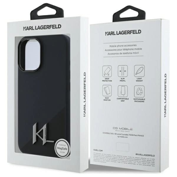 Karl Lagerfeld Silicone Shadow Metal Initial MagSafe iPhone 16 Case - Blackeng