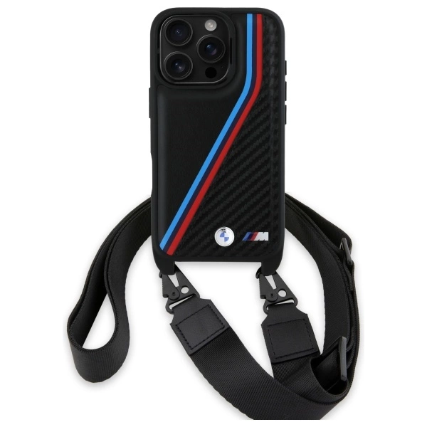 BMW M Edition Carbon Tricolor Lines & Strap Case for iPhone 16 Pro - Blackeng
