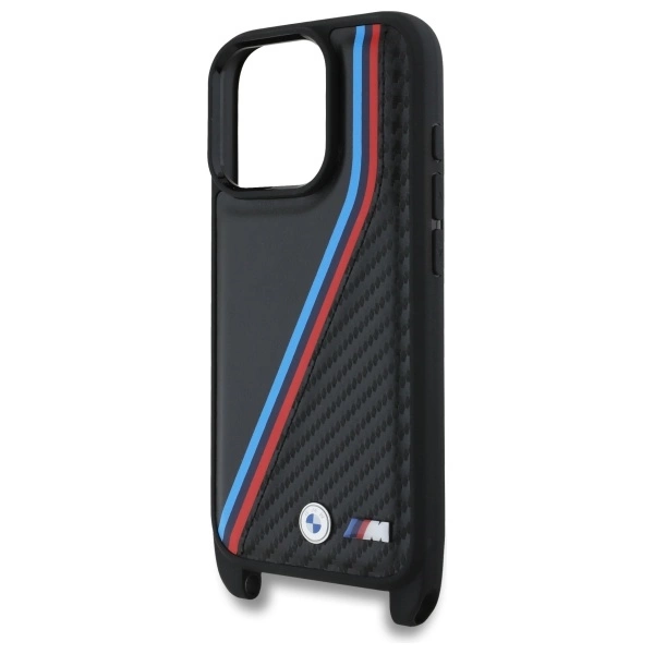 BMW M Edition Carbon Tricolor Lines & Strap Case for iPhone 16 Pro - Blackeng