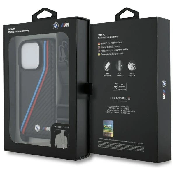 BMW M Edition Carbon Tricolor Lines & Strap Case for iPhone 16 Pro - Blackeng