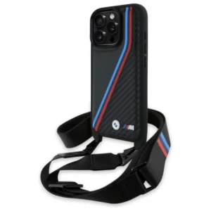 BMW M Edition Carbon Tricolor Lines & Strap Case for iPhone 16 Pro Max - Blackeng