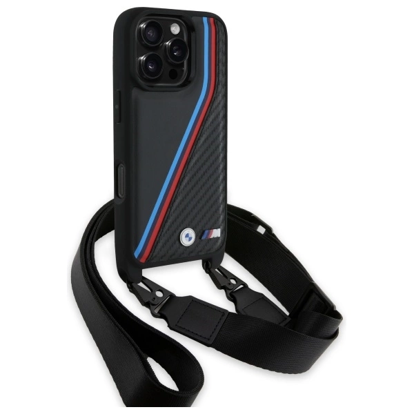 BMW M Edition Carbon Tricolor Lines & Strap Case for iPhone 16 Pro Max - Blackeng