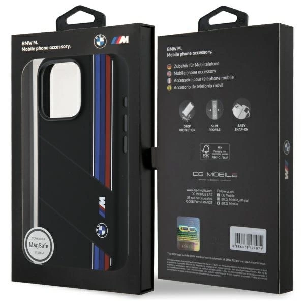 BMW Silicone Cut Tricolor Lines MagSafe Case for iPhone 16 Pro - Blackeng