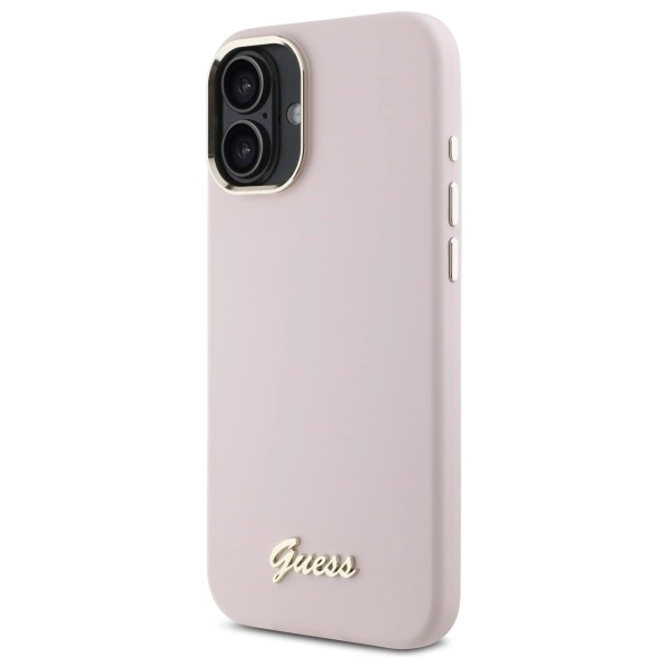Guess Silicone Script Metal Logo & Frame iPhone 16 Case - Pinkeng