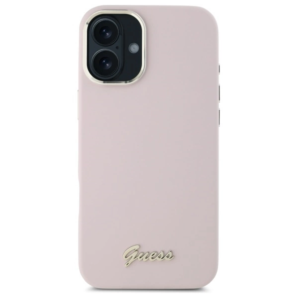 Guess Silicone Script Metal Logo & Frame iPhone 16 Case - Pinkeng