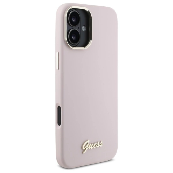Guess Silicone Script Metal Logo & Frame iPhone 16 Case - Pinkeng