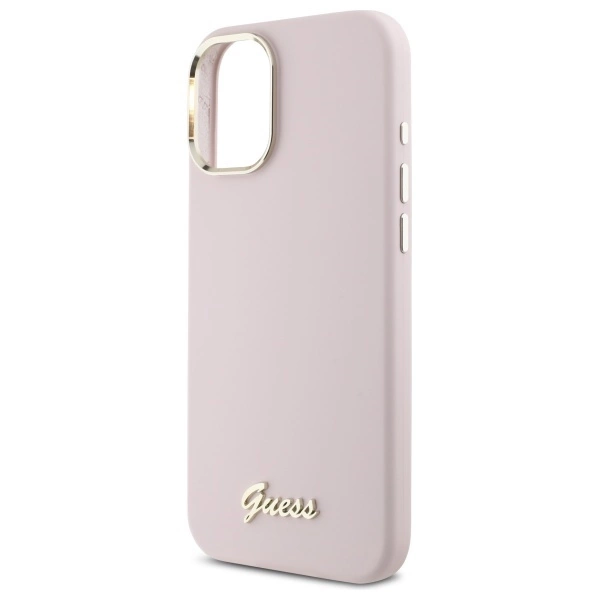 Guess Silicone Script Metal Logo & Frame iPhone 16 Case - Pinkeng