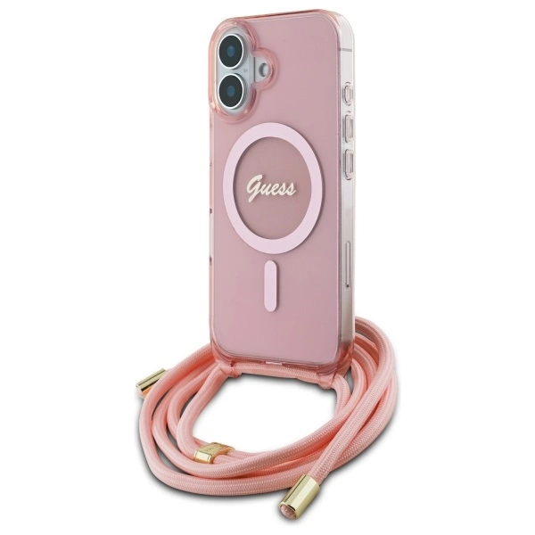 Guess Crossbody Cord Script MagSafe iPhone 16 Case - Pinkeng