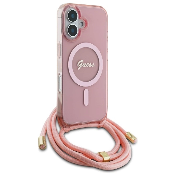 Guess Crossbody Cord Script MagSafe iPhone 16 Case - Pinkeng