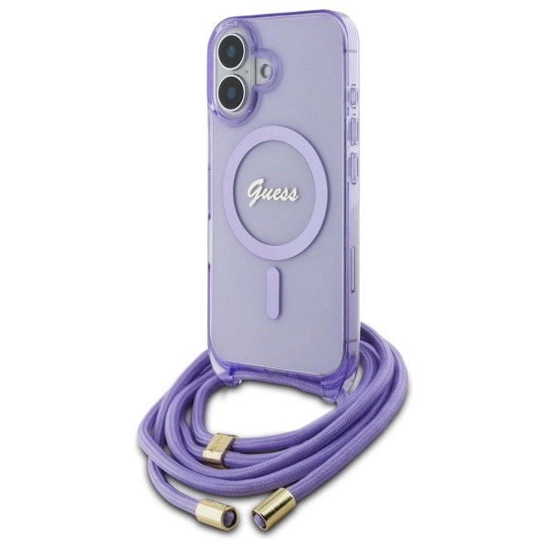 Guess Crossbody Cord Script MagSafe iPhone 16 Case - Purpleeng