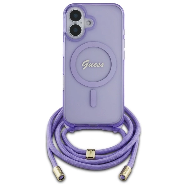 Guess Crossbody Cord Script MagSafe iPhone 16 Case - Purpleeng