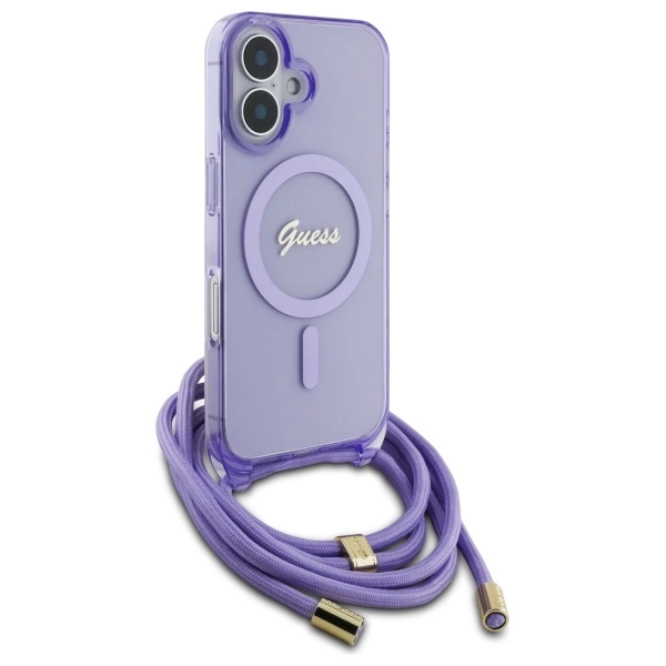 Guess Crossbody Cord Script MagSafe iPhone 16 Case - Purpleeng