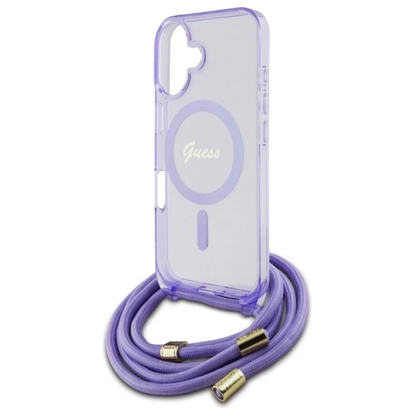 Guess Crossbody Cord Script MagSafe iPhone 16 Case - Purpleeng