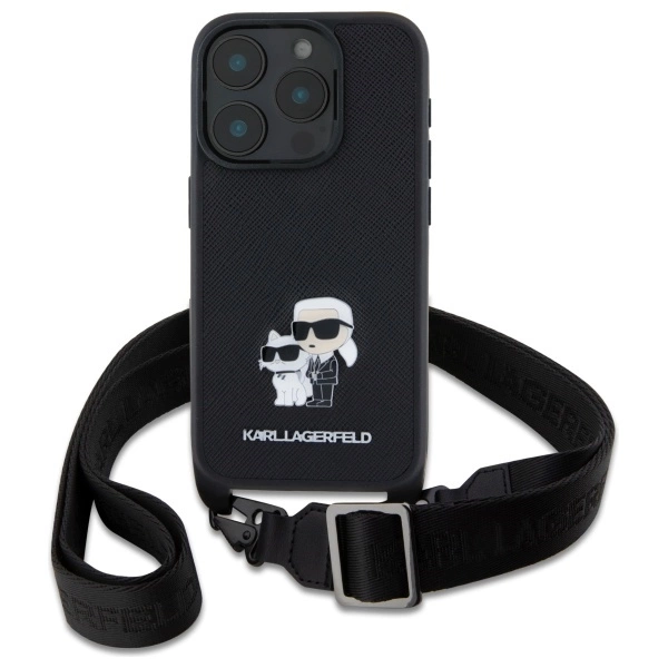 Karl Lagerfeld Saffiano Karl&Choupette Metal Pin CBDY Strap iPhone 16 Pro Case - Blackeng