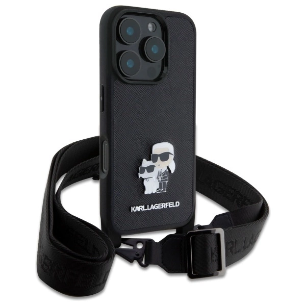 Karl Lagerfeld Saffiano Karl&Choupette Metal Pin CBDY Strap iPhone 16 Pro Case - Blackeng