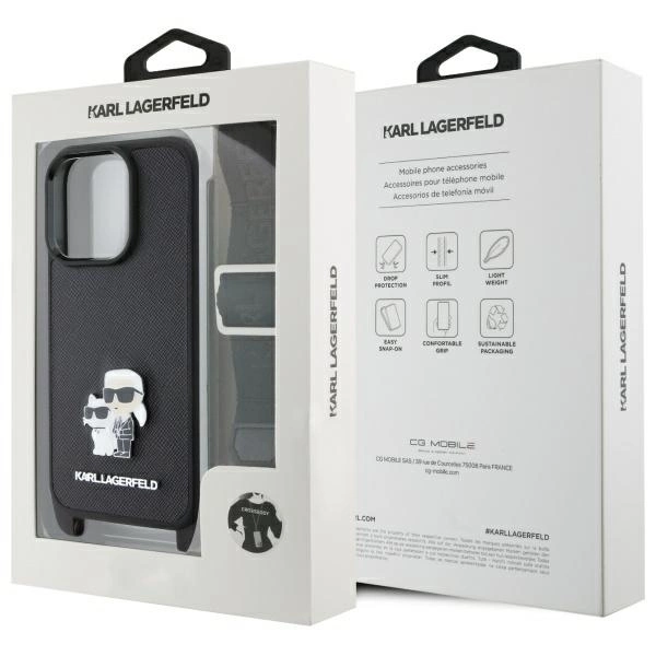 Karl Lagerfeld Saffiano Karl&Choupette Metal Pin CBDY Strap iPhone 16 Pro Case - Blackeng