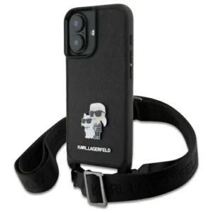 Karl Lagerfeld Saffiano Karl&Choupette Metal Pin CBDY Strap iPhone 16 Case - Blackeng