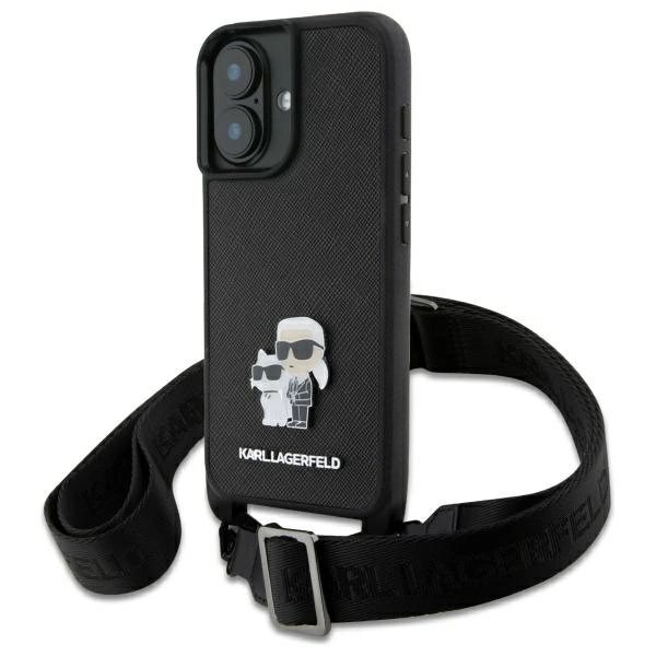 Karl Lagerfeld Saffiano Karl&Choupette Metal Pin CBDY Strap iPhone 16 Case - Blackeng