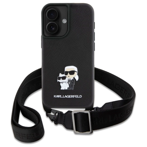 Karl Lagerfeld Saffiano Karl&Choupette Metal Pin CBDY Strap iPhone 16 Case - Blackeng