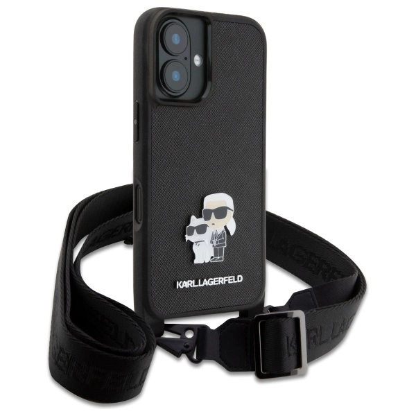 Karl Lagerfeld Saffiano Karl&Choupette Metal Pin CBDY Strap iPhone 16 Case - Blackeng
