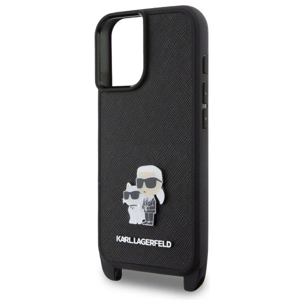 Karl Lagerfeld Saffiano Karl&Choupette Metal Pin CBDY Strap iPhone 16 Case - Blackeng