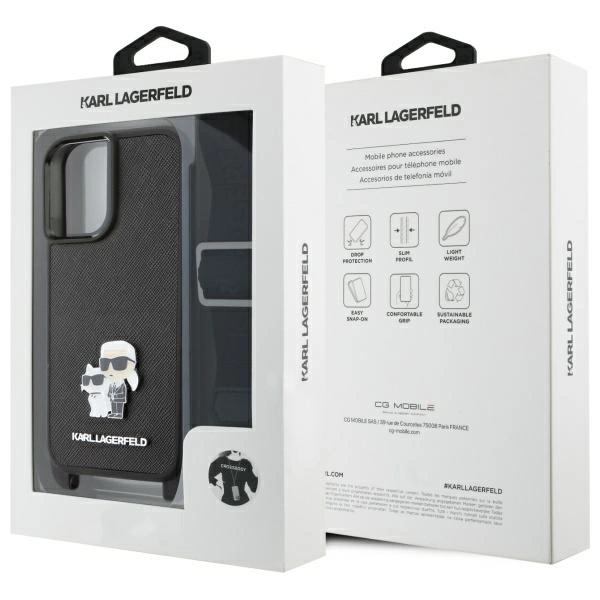 Karl Lagerfeld Saffiano Karl&Choupette Metal Pin CBDY Strap iPhone 16 Case - Blackeng