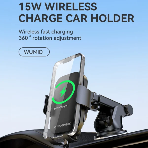 Wozinsky WUMID phone holder with 15W inductive charger for car dashboard - blackeng