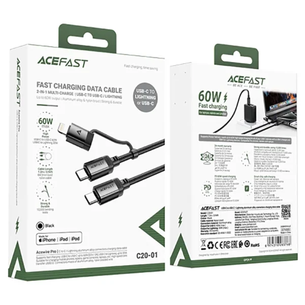 Acefast C20-01 USB-C - USB-C/ Lightning cable 60W/30W 480Mb/s 3A 1.2m - blackeng