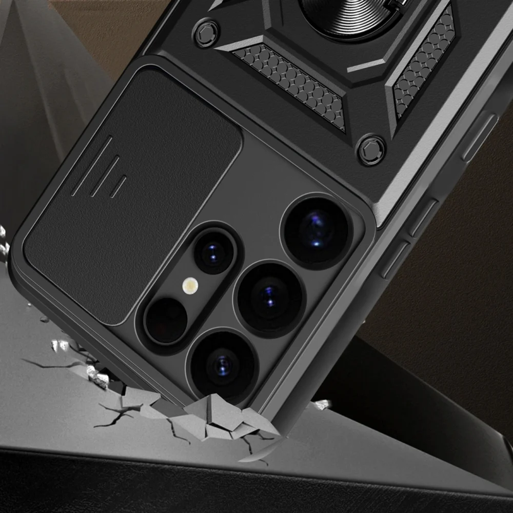 Hybrid Armor Camshield with Camera Cover and Metal Ring for Samsung Galaxy S25 Ultra - Blackeng