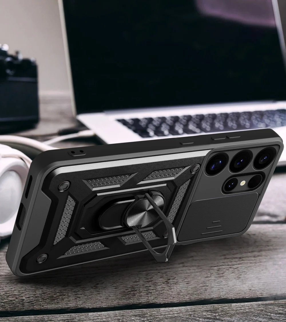 Hybrid Armor Camshield with Camera Cover and Metal Ring for Samsung Galaxy S25 Ultra - Blackeng