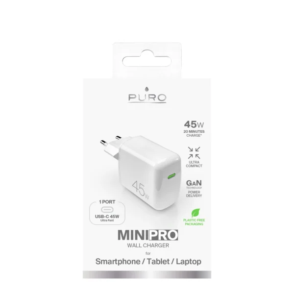 Puro Super Mini 45W PD GaN USB-C Wall Charger - Whiteeng