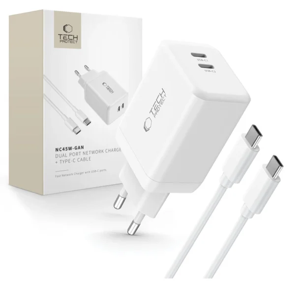 Tech-Protect NC45W-GAN 2-PORT PD45W Charger + TYPE-C CABLE - whiteeng
