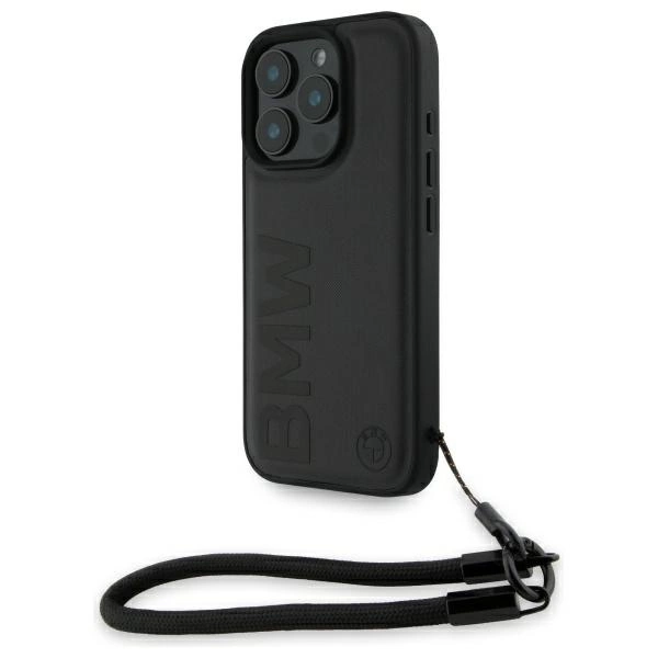 BMW Signature Leather Wordmark Cord Case for iPhone 16 Pro Max - Blackeng