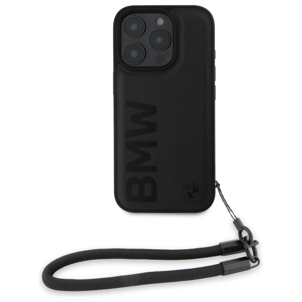 BMW Signature Leather Wordmark Cord Case for iPhone 16 Pro Max - Blackeng