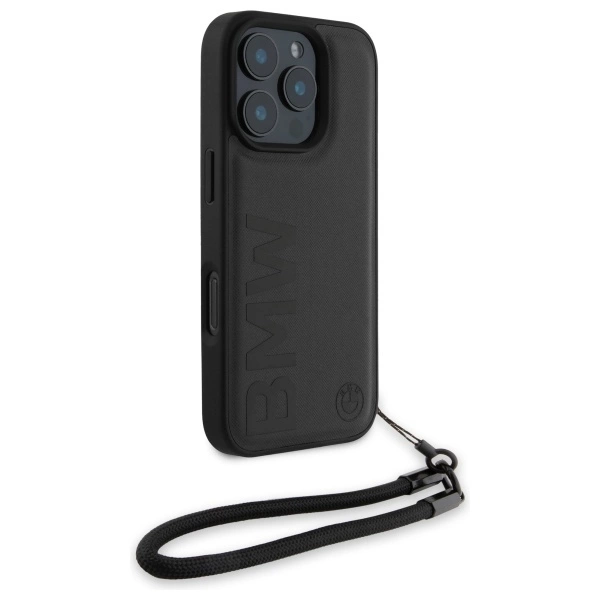 BMW Signature Leather Wordmark Cord Case for iPhone 16 Pro Max - Blackeng
