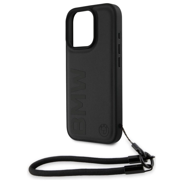 BMW Signature Leather Wordmark Cord Case for iPhone 16 Pro Max - Blackeng