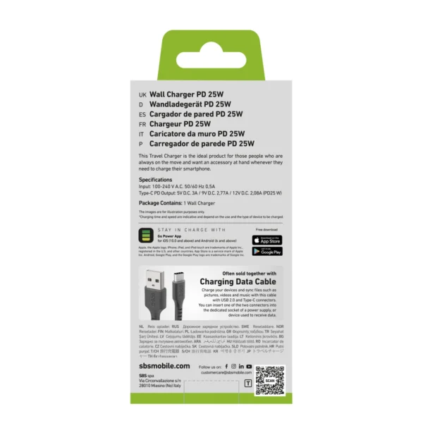 SBS TETR1CPD25 25W USB-C Wall Charger with Power Delivery - Blackeng