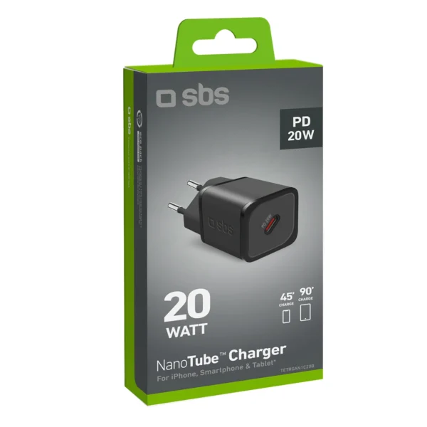 SBS TETRGAN1C20K 20W GaN USB-C Wall Charger with Power Delivery - Blackeng