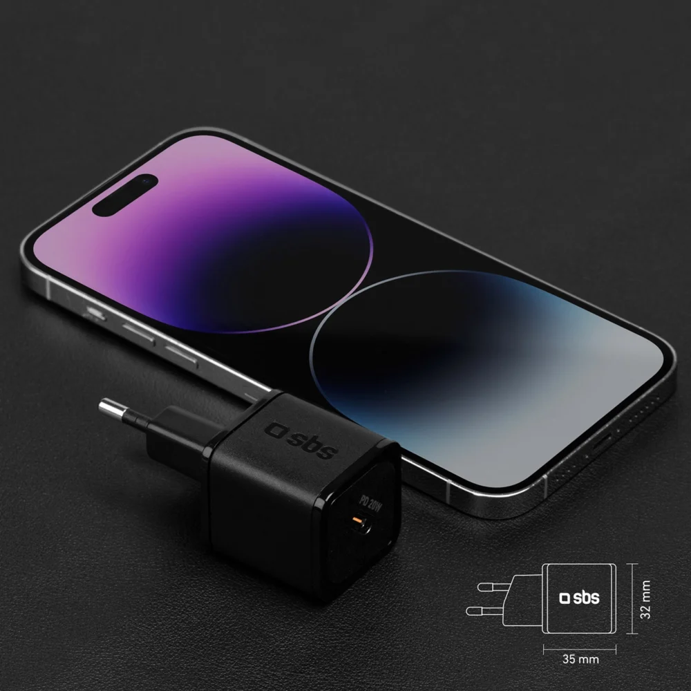 SBS TETRGAN1C20K 20W GaN USB-C Wall Charger with Power Delivery - Blackeng