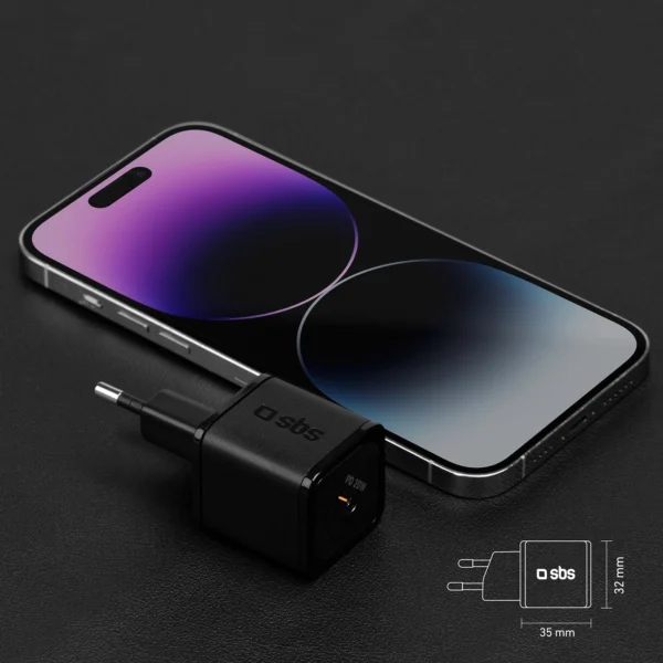 SBS TETRGAN1C20K 20W GaN USB-C Wall Charger with Power Delivery - Blackeng